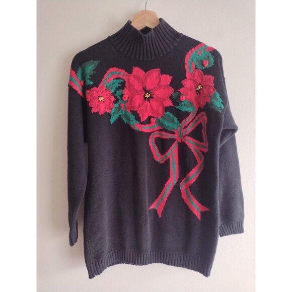 Vintage 90s Holiday Sweater L Pretty Bold Poinsettia Picone Sport Mock Neck - Picture 10 of 10